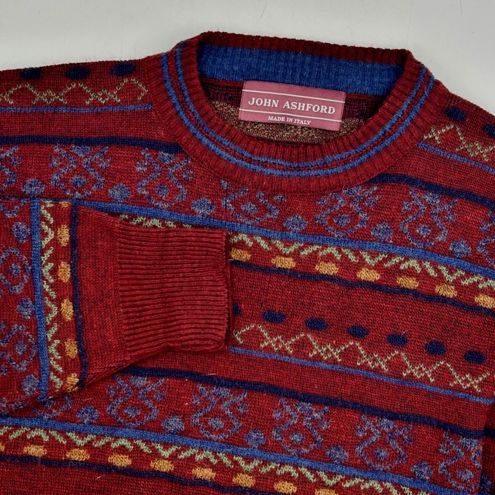 John Ashford Sweater Burgundy Wool Blend Mens M Medium‎ Fair Isle Knit Italy EUC